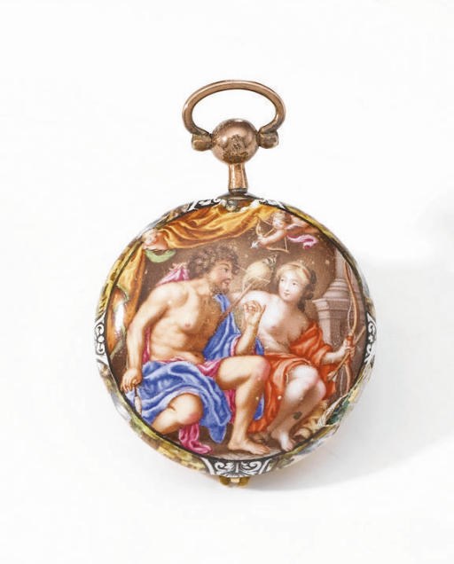 Anon. A very fine, rare and small 18K gold and enamel watch case and dial in the manner of Huaud, with later movement