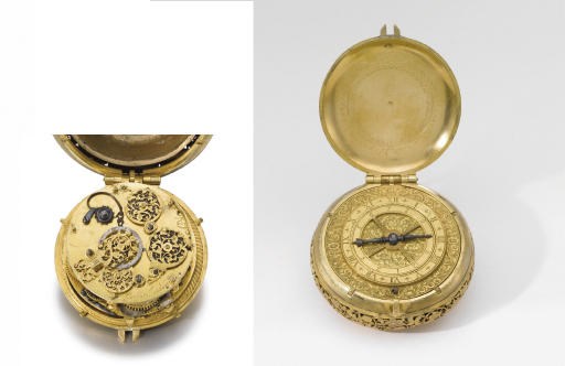 Jacques Duduict. A very fine, rare and early gilt metal two train stackfreed pre-hairspring hour striking verge coach watch with alarm
