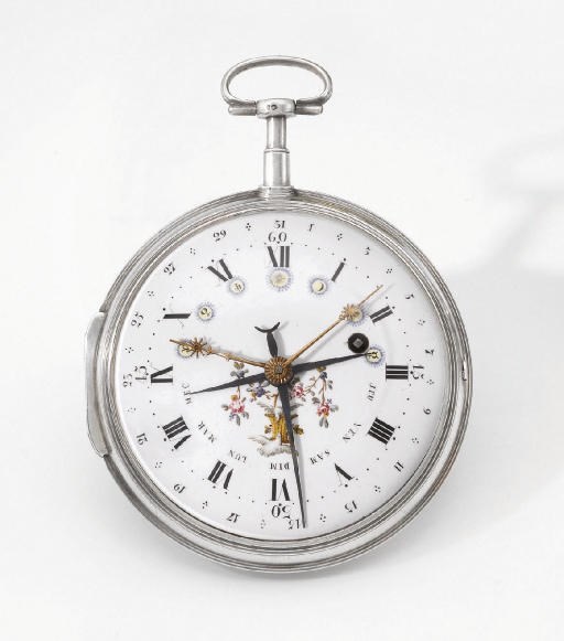 Ageron. A large and unusual silver openface astronomical verge watch with calendar