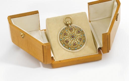 Swiss. A fine and decorative 18K vari-colour colour gold, turquoise and ruby-set openface verge watch with box
