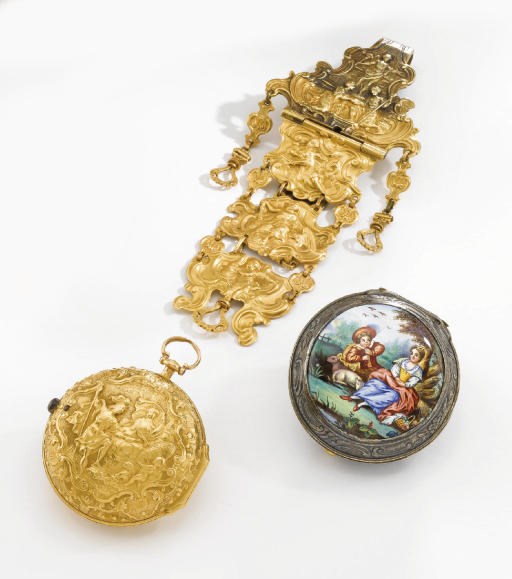 Cowell. A fine and rare 18K gold pair case repousse watch with matching chatelaine and a silver and enamel outer protective case
