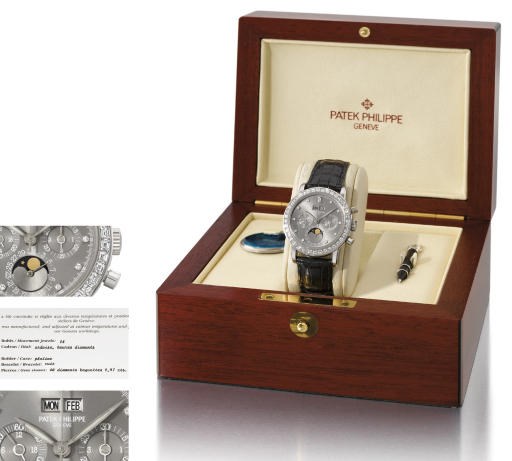Patek Philippe. A very fine, rare and possibly unique platinum and diamond-set water-resistant perpetual calendar chronograph wristwatch with phases of the moon and grey dial with diamond-set numerals