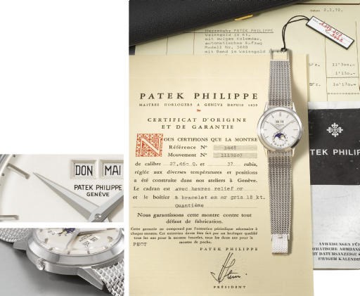 Patek Philippe. An extremely fine and rare 18K white gold self-winding perpetual calendar wristwatch with phases of the moon and white gold "maille milanaise" bracelet, original certificate, sales tag, purchase invoice, brochure and box