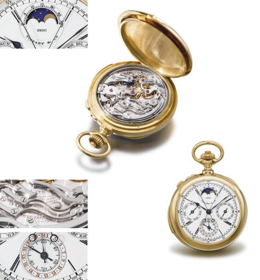 Patek Philippe. A very fine and rare 18K gold openface minute repeating perpetual calendar split seconds chronograph keyless lever watch with phases of the moon, extra quality movement and Guillaume-type balance