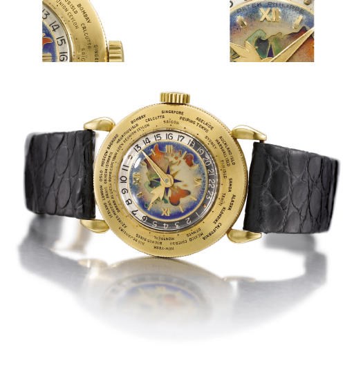 Patek Philippe. A extremely fine and rare 18K gold World Time wristwatch with cloisonne enamel dial depicting the Eastern hemisphere