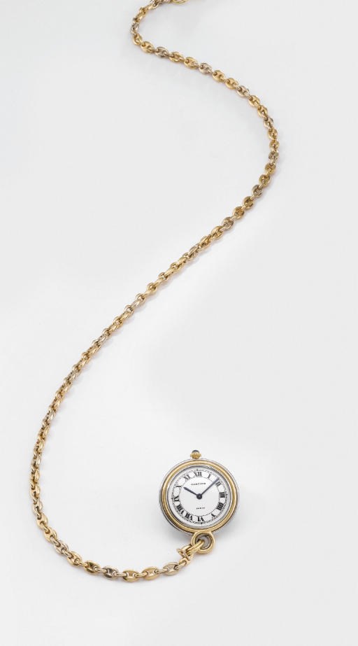 Cartier. An 18K two colour gold openface keyless lever pendant watch with two colour gold chain