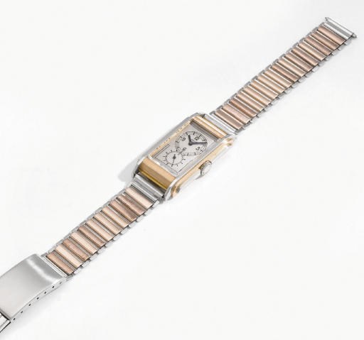 Rolex. A fine and rare 18K white and pink gold rectangular wristwatch with stainless steel and pink gold bracelet