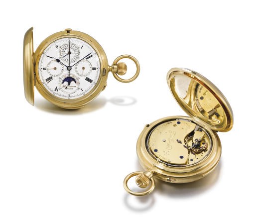 Audemars Piguet/J.W. Benson. A fine 18K gold hunter case minute repeating perpetual calendar chronograph keyless lever pocket chronometer with phases of the moon