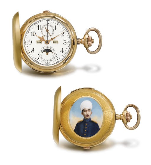 Swiss. A fine and heavy 18K gold hunter case minute repeating triple calendar chronograph keyless lever watch with phases of the moon and enamel miniature, made for the Indian Market