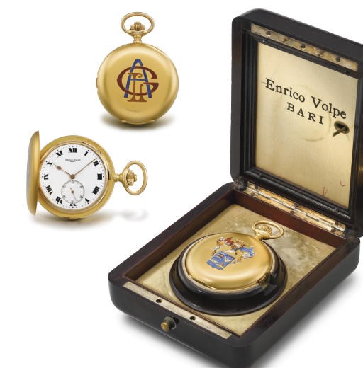 Zenith. A fine 18K gold hunter case two train carillon minute repeating grande sonnerie keyless lever clock watch with box