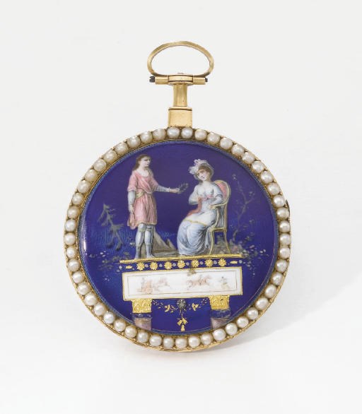 Swiss. An 18K gold, enamel and pearl-set openface cylinder watch