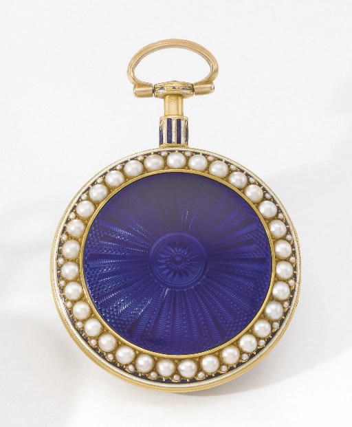 Gray & Constable. A fine 18K gold, enamel and pearl-set openface verge watch