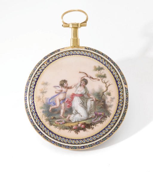 Valere. A fine and slim 18K gold and enamel openface watch with date