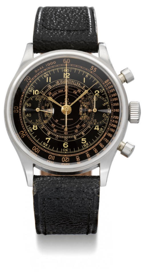 Omega. A fine and unusual stainless steel water-resistant chronograph wristwatch with black dial