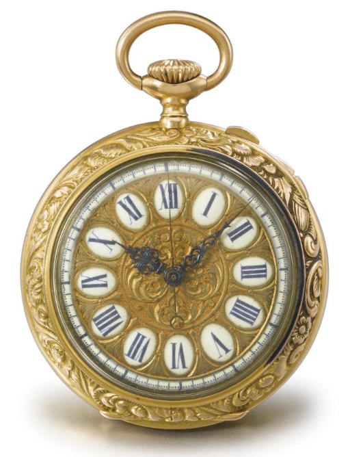 Patek Philippe. A very rare and unusual 18K gold openface keyless lever chronograph watch with repousse case
