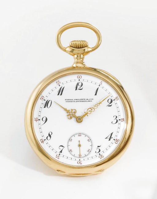 Patek Philippe. A fine and rare 18K gold openface keyless lever watch with Guillaume balance