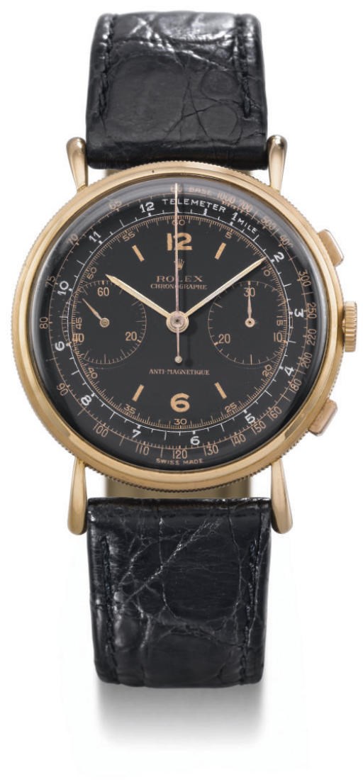 Rolex. An 18K pink gold chronograph wristwatch with black dial