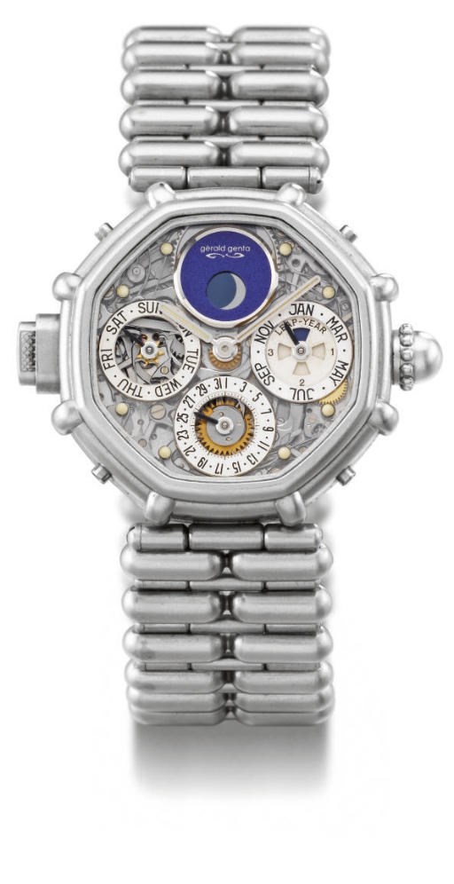 Gerald Genta. A very fine and rare platinum octagonal self-winding water-resistant skeletonized minute repeating perpetual calendar wristwatch with phases of the moon and bracelet