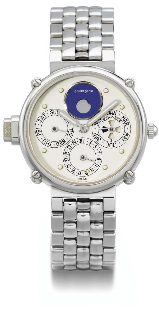 Gerald Genta. A very fine and rare platinum self-winding water-resistant minute repeating perpetual calendar wristwatch with phases of the moon and bracelet