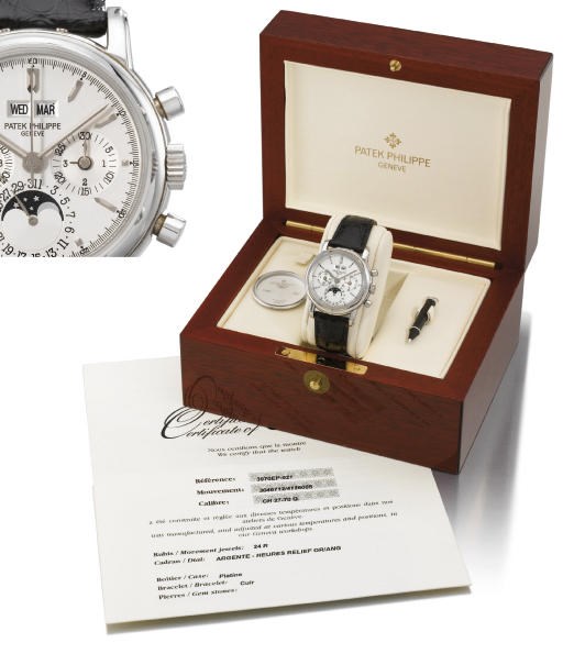 Patek Philippe. A very fine and rare platinum water-resistant perpetual calendar chronograph wristwatch with phases of the moon, original certificate and box