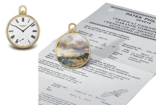 Patek Philippe. A very fine and unique 18K gold openface keyless lever watch with enamel miniature "The Shore at Egmond-aan-Zee" after Jacob van Ruisdael by Suzanne Rohr and original certificate