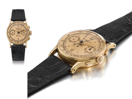 Patek Philippe. A very fine and rare 18K pink gold split seconds chronograph wristwatch with pink dial