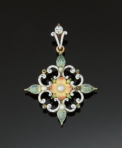 A late 19th century gold, seed pearl and enamel pendant brooch