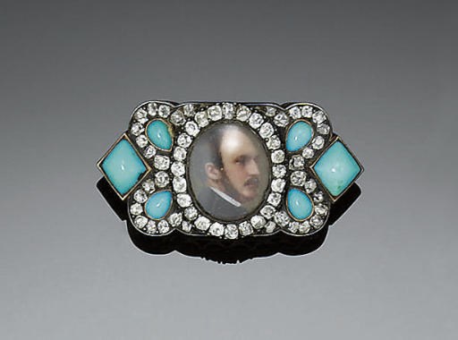 A 19TH CENTURY DIAMOND, TURQUOISE AND PORTRAIT MINIATURE BROOCH