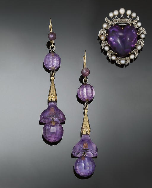 An early 20th century amethyst and seed pearl heart brooch and a pair of amethyst earpendants