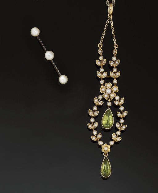 An Edwardian peridot and half-pearl necklace and a pearl bar brooch