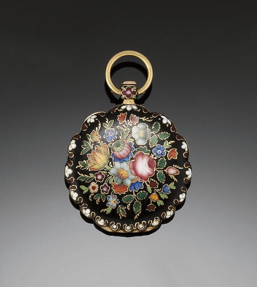AN EARLY 19TH CENTURY GOLD AND ENAMEL KEYWIND OPENFACE POCKETWATCH