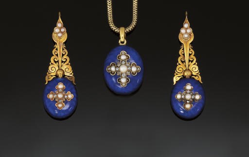 A Victorian gold, diamond, half-pearl and enamel demi-parure