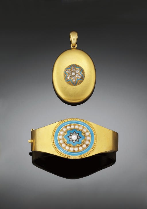 A Victorian diamond and enamel locket by Streeter and a gold, diamond and enamel bangle