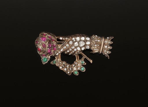 An Edwardian diamond and ruby heart brooch; and a 19th century rose-cut diamond and gem brooch