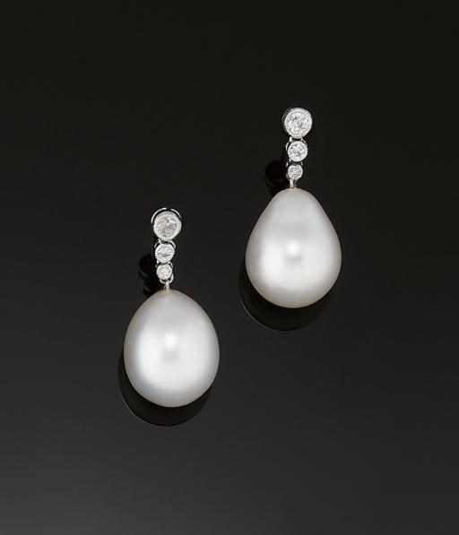 A PAIR OF CULTURED PEARL AND DIAMOND EARPENDANTS