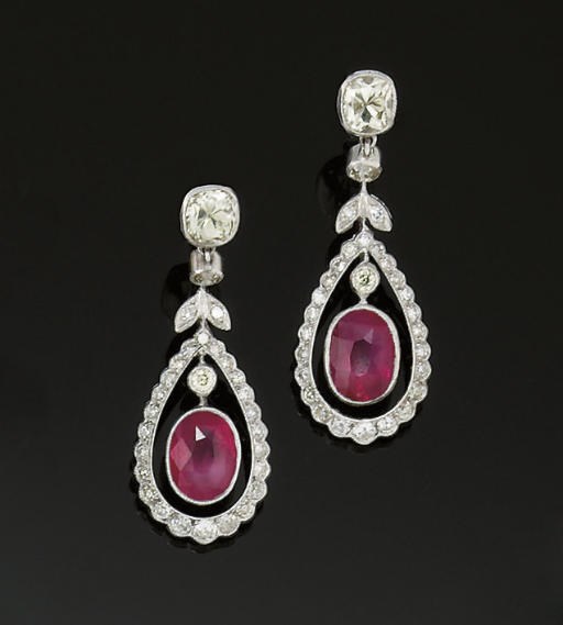 A PAIR OF RUBY AND DIAMOND EARPENDANTS