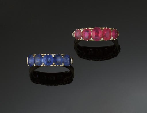 A LATE 19TH CENTURY RUBY FIVE STONE RING AND A SAPPHIRE FIVE STONE RING