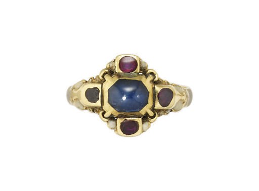 A 17TH CENTURY GOLD, ENAMEL AND GEM RING