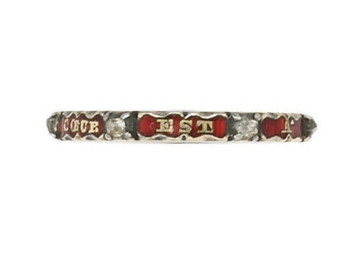 AN EARLY 19TH CENTURY GOLD, ENAMEL AND DIAMOND POSY RING