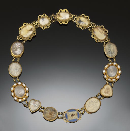 A COLLECTION OF TEN LATE 17TH/EARLY 18TH CENTURY GOLD MOUNTED MEMORIAL AND LOVE JEWELS MOUNTED AS A NECKLACE