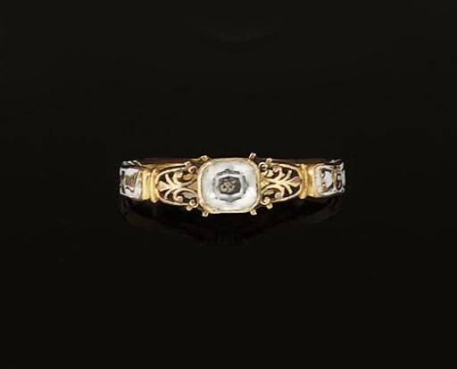A GEORGE II GOLD, ROCK CRYSTAL AND ENAMEL MOURNING RING