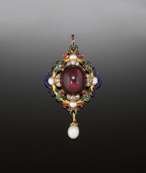 A VICTORIAN ROYAL PRESENTATION GOLD, GARNET, ENAMEL, PEARL AND DIAMOND HOLBEINESQUE PENDANT