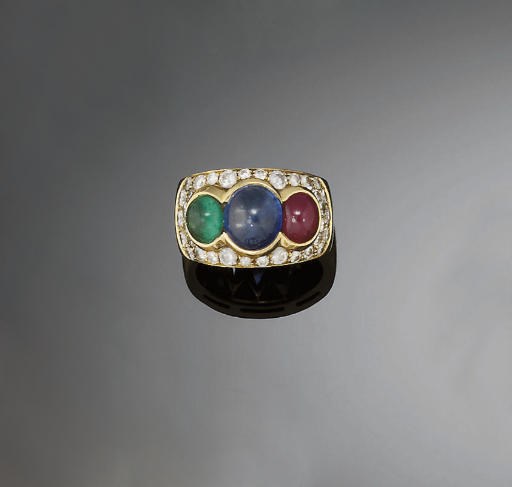 A ruby, sapphire, emerald and diamond ring