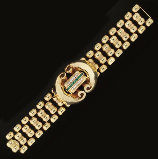 A gold, emerald and diamond bracelet