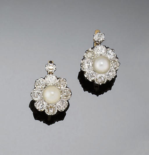 A pair of early 20th century diamond and cultured pearl earstuds