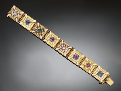 A LATE 19TH CENTURY ARCHAEOLOGICAL REVIVAL GOLD, GEM AND ENAMEL BRACELET, BY CARLO GIULIANO
