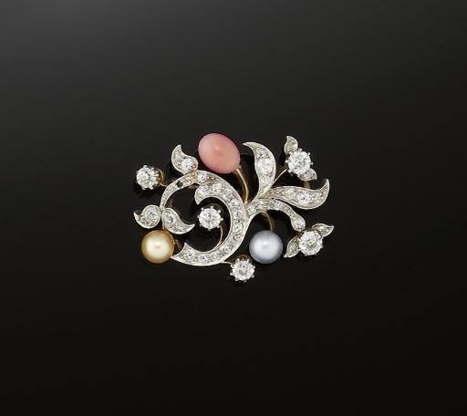 AN EARLY 20TH CENTURY DIAMOND, CONCH PEARL AND PEARL BROOCH