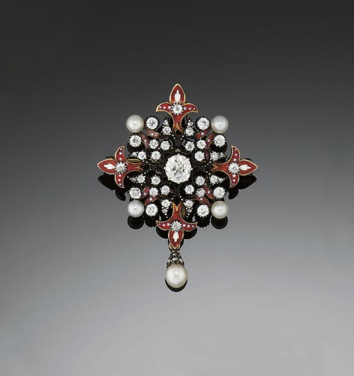 A LATE 19TH CENTURY DIAMOND, PEARL AND ENAMEL BROOCH
