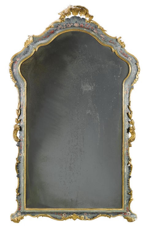A VENETIAN POLYCHROME DECORATED AND PARCEL-GILT MIRROR