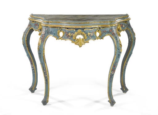 A VENETIAN POLYCHROME DECORATED AND PARCEL-GILT CONSOLE TABLE